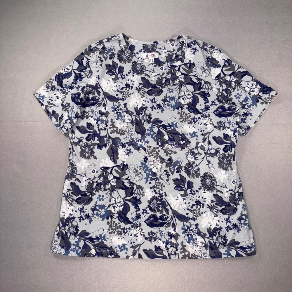 Denim & Co. Womens Blue Floral Short Sleeve Crew Neck Top Size M